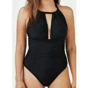 Simply Fit Sliming Swimwear High Neck Ruched One Piece Swimsuit Plus 2X Black